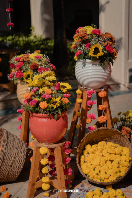 Floral detail and Photo-op — Haldi decor — Taj Exotica